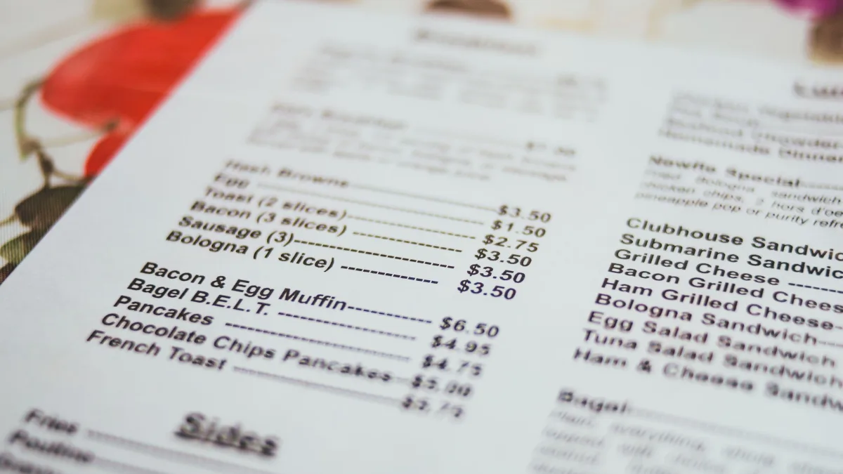 Una carta de restaurante impresa, con su lista de opciones y precios