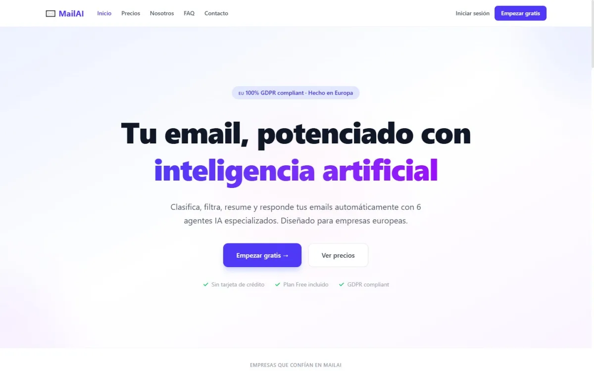 Captura de MailAI. Seis agentes de IA que se ocupan del correo de tu empresa.