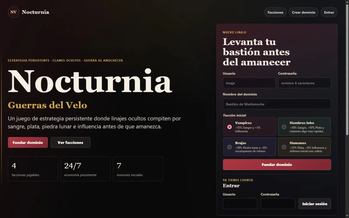 Captura de Nocturnia: Guerras del Velo. Un juego de estrategia por navegador, escrito desde cero en PHP.