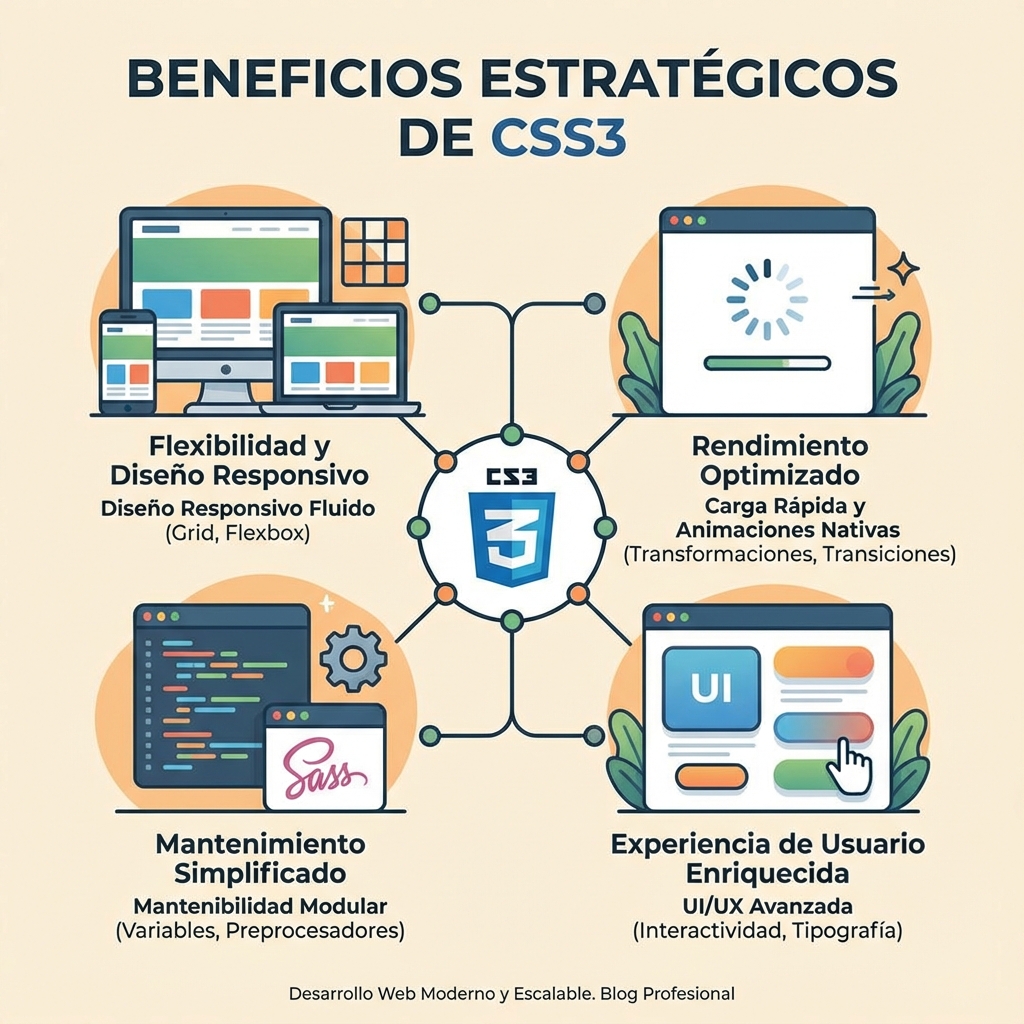 Beneficios estratégicos de utilizar CSS3 en el desarrollo web moderno